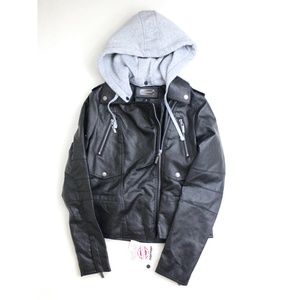 NEW JOUJOU BLACK Removable HOODIE Vegan LEATHER Buckle MOTO Rocker JACKET